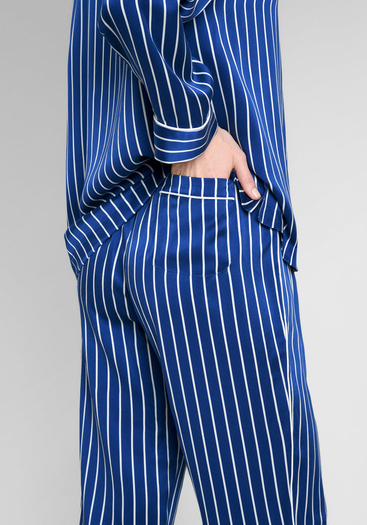 Washable Silk Marina Pajama Set in Blue & White Tie Stripe